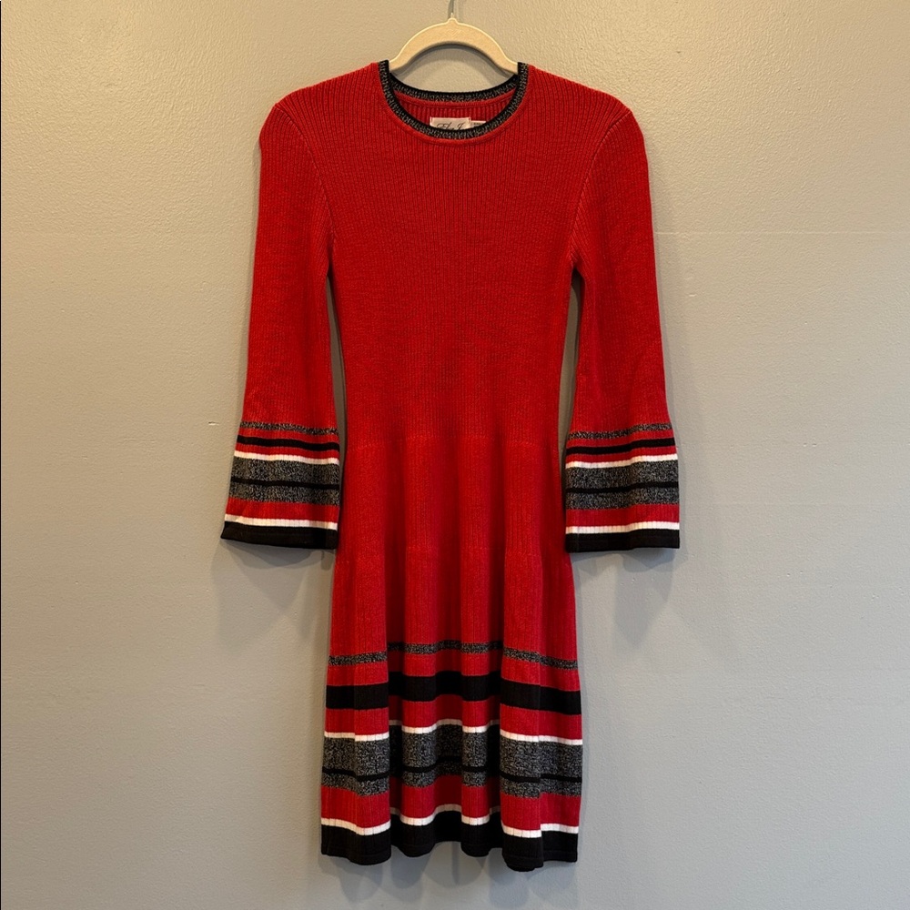 Eliza J Fit and Flare Red and Black Striped Long Sleeve Knit Sweater Dress